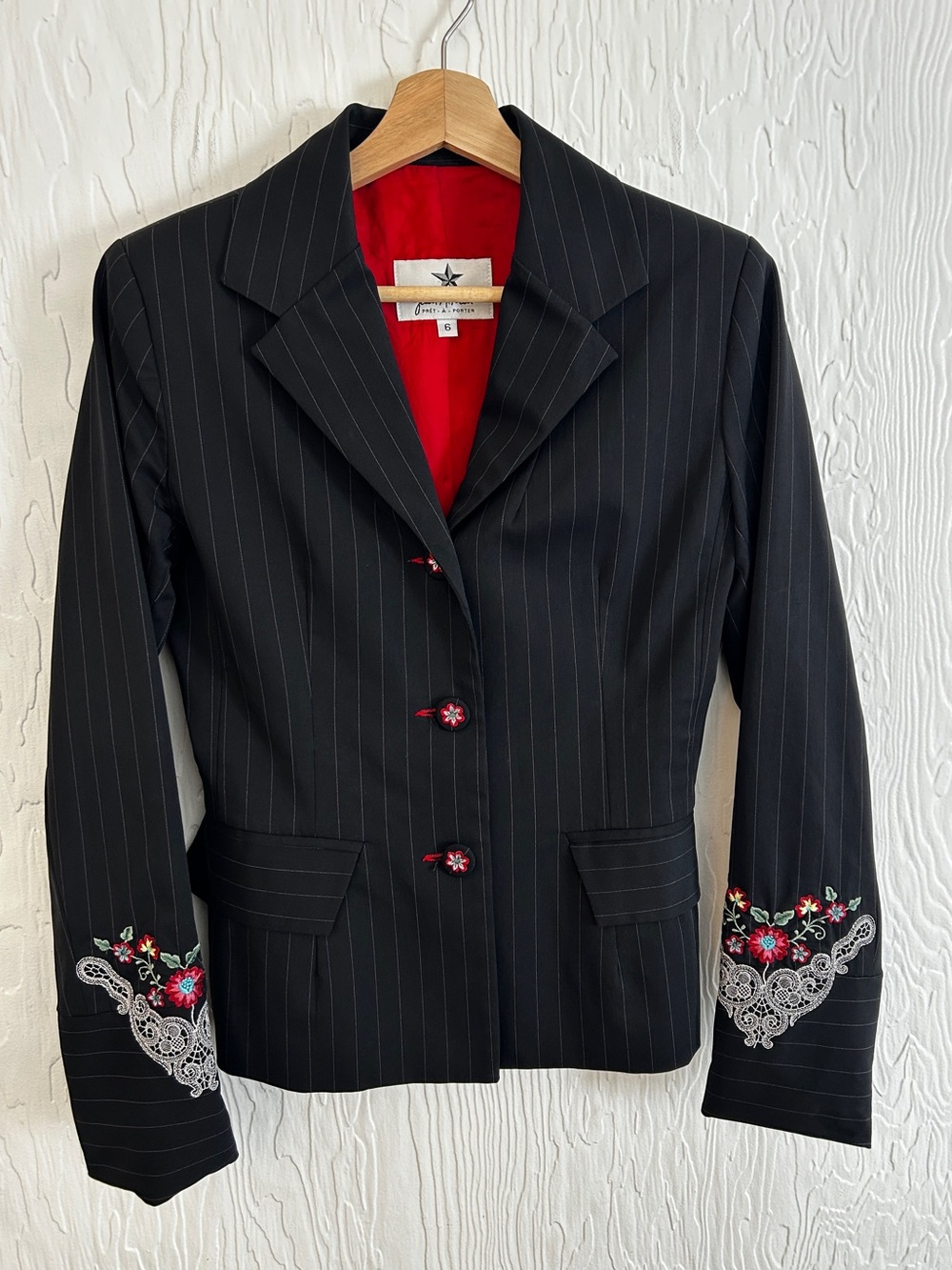 JEAN AIROLDI Vintage Embroidered Pin Stripe Blazer 6 Y2K90s Career Office Whimsy
